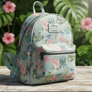 Loungefly Disney Stitch Tropical Hibiscus Floral Monstera leaf Mini Backpack EUC